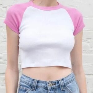 Brandy Melville Baby Baseball Ribbed Cropped T Shirt Size XS